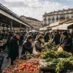 Due ospiti scelgono prodotti freschi a un banco del mercato di Porta Palazzo a Torino mentre parlano con un venditore.