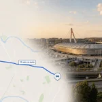 Mappa del percorso in auto dall’Hotel Miramonti all’Allianz Stadium di Torino con tempo di percorrenza di 12 minuti e immagine dello stadio.