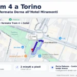 Mappa del percorso a piedi tra la fermata Tram 4 di Piazza Derna e Hotel Miramonti Torino, circa 2 minuti e 130 metri.