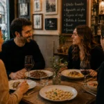 Gruppo di amici a cena in una trattoria torinese con agnolotti del plin, vino rosso e piatti della cucina piemontese.