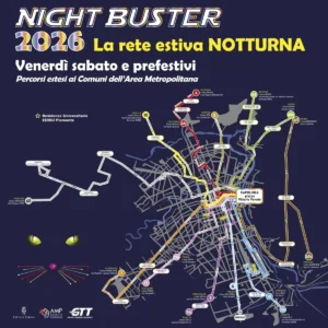 Mappa della rete notturna Night Buster 2026 di GTT con linee estive verso Torino e Comuni dell’area metropolitana.