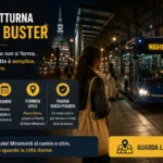 Passeggera in attesa di un bus notturno Night Buster a Torino con grafica informativa su Linea 4, Piazza Derna e servizio serale per rientrare all’Hotel Miramonti.
