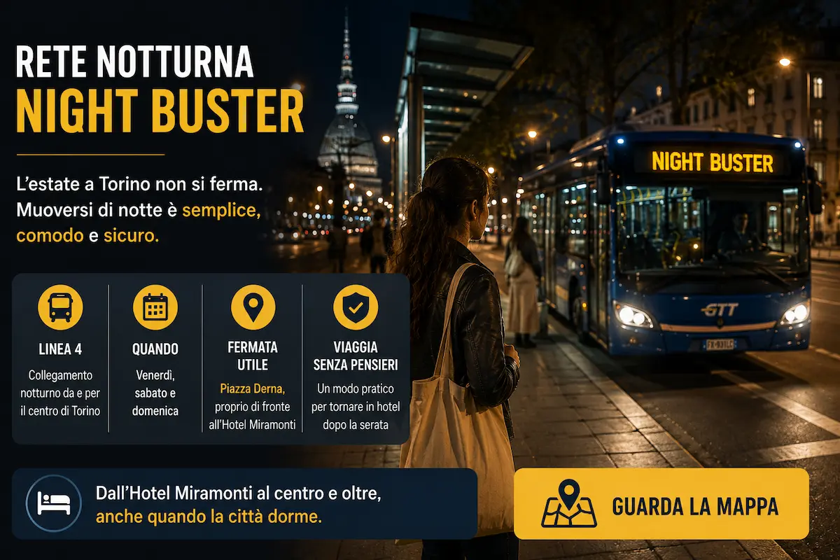 Bus notturni a Torino estate 2026. La fermata è davanti all’hotel!