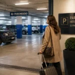 Ospite con trolley all’ingresso del parcheggio dell’Hotel Miramonti Torino.
